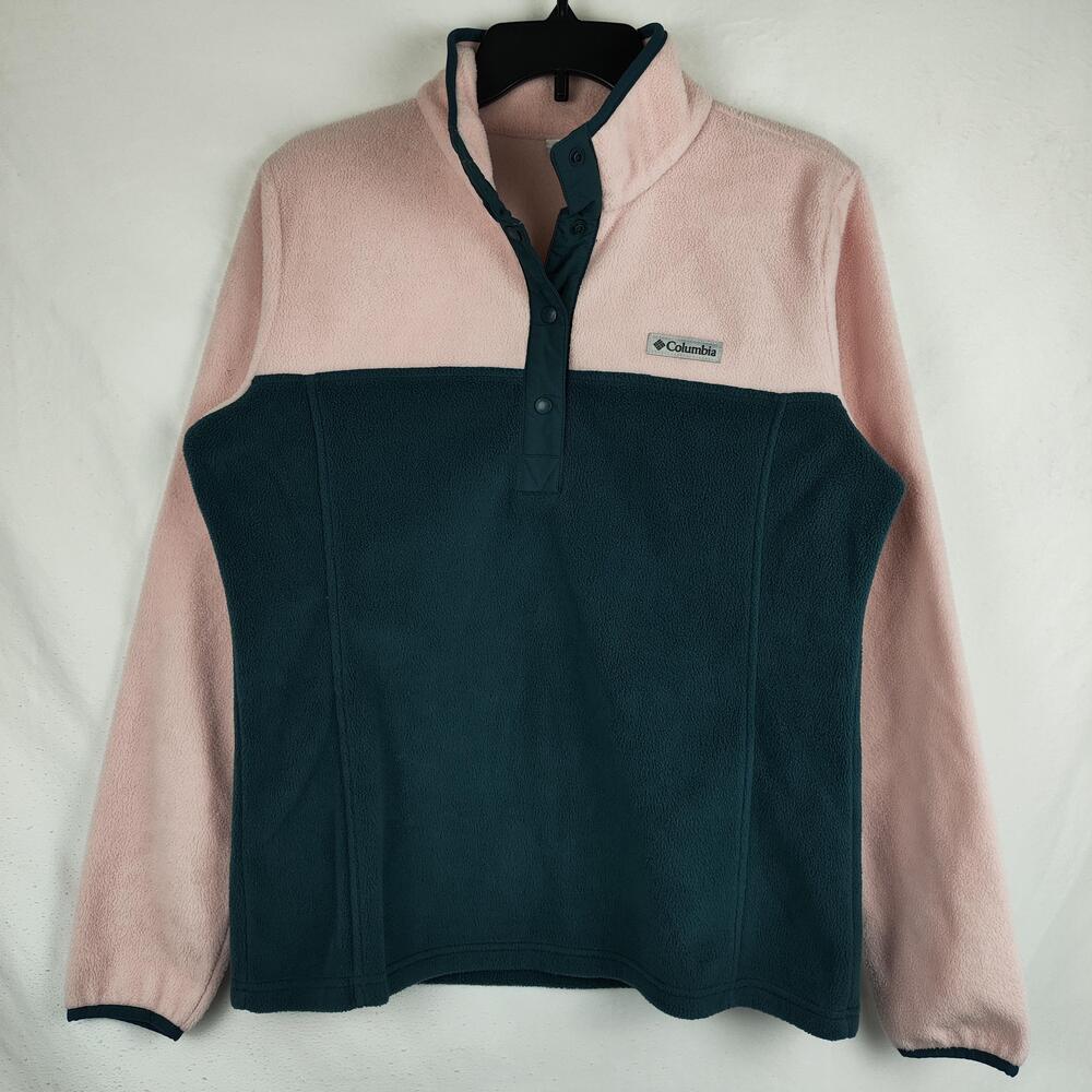 Columbia Jacket Womens Medium Pink Teal Snap Fleece Pullover Outdoor Cozy